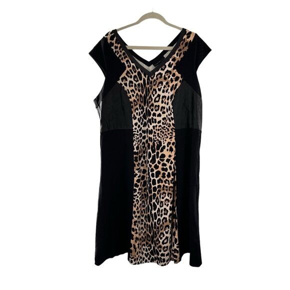 Lane Bryant V-Neck Black & Leopard Print Dress Size 22 Faux Leather Slimming - Picture 1 of 10
